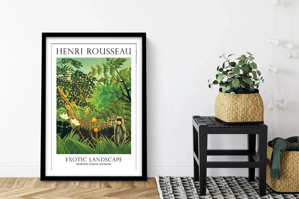 Rousseau jungle scene of monkeys, oranges and white blooms among lush foliage