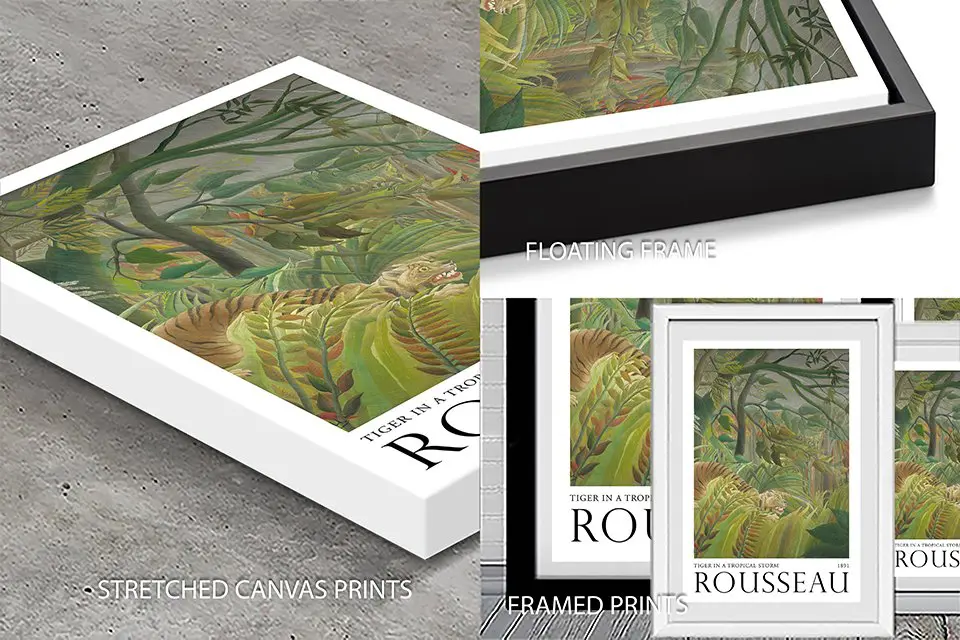 Rousseau Tiger in a Tropical Storm modern wall art compared as stretched canvas, floating frame and framed paper editions