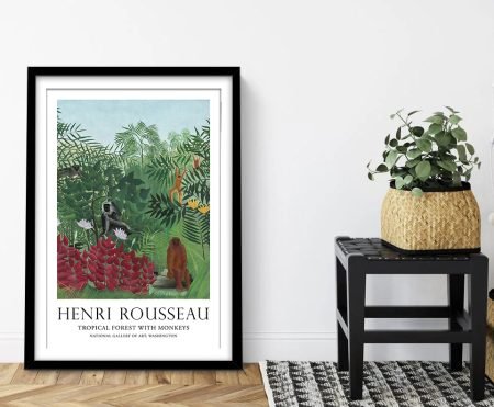 Jungle scene of dense green foliage, monkeys and red blooms against a pale sky.