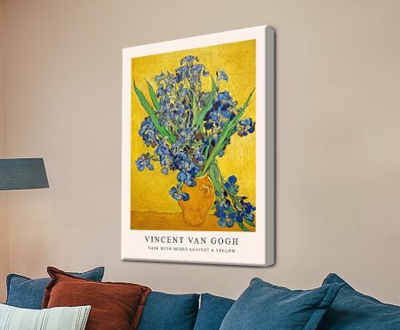 Van Gogh cobalt-blue irises in a yellow vase against a golden background