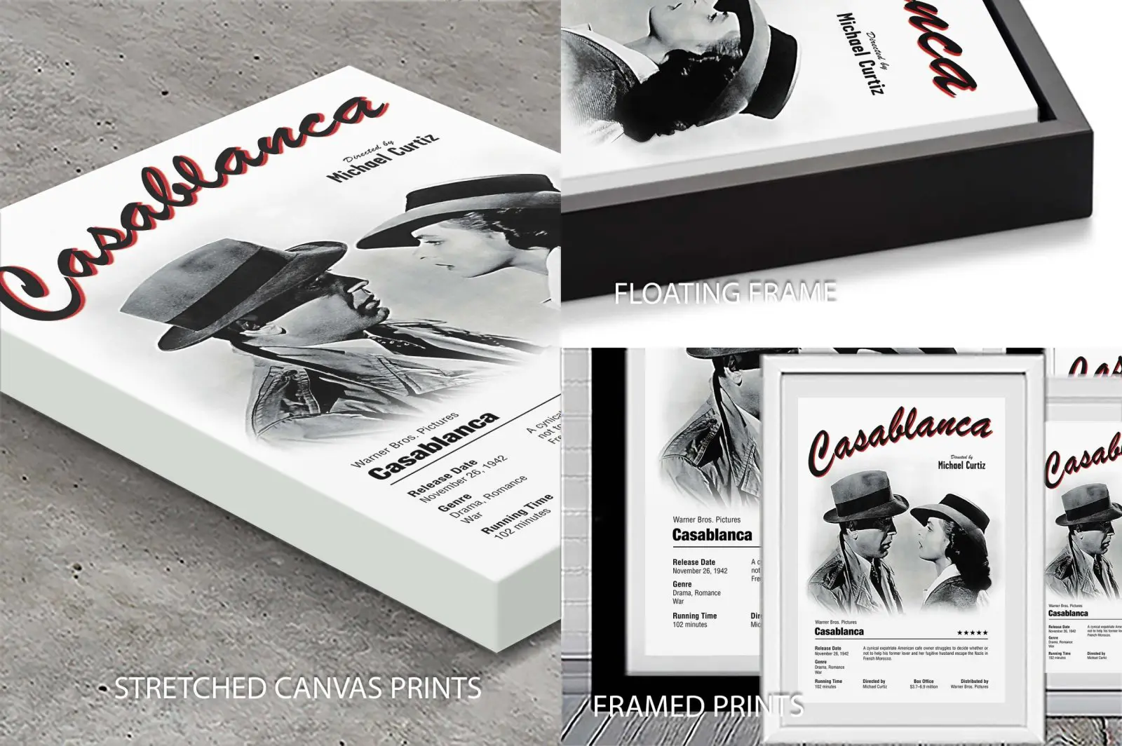 Casablanca movie poster print preview across canvas, floating frame and framed paper formats