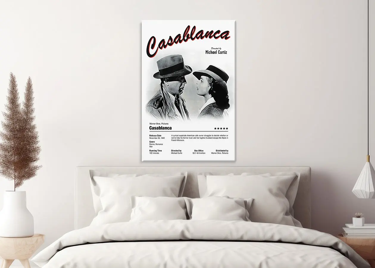 Casablanca film poster showing Rick and Ilsa in warm neutral tones