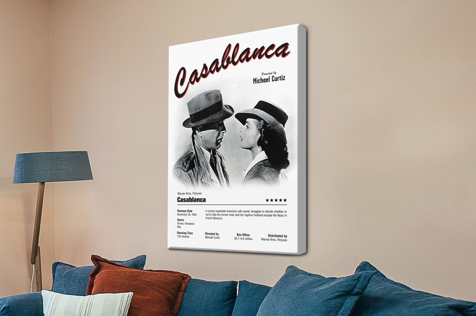Casablanca film poster with Bogart and Bergman and cherry-red title script