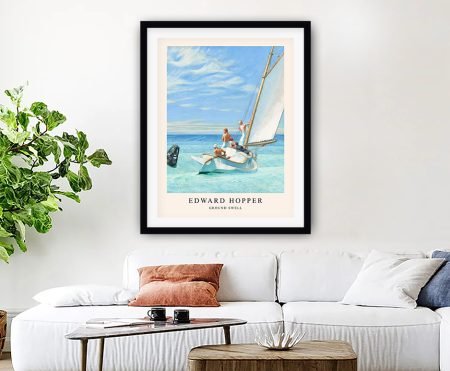 Framed print of Edward Hopper's Ground Swell with a white sailboat on a turquoise swell