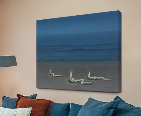 René Magritte La Méditation with candles curling like snakes across sand under a low horizon