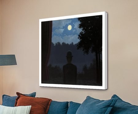 Solitary bowler-hatted figure under a full moon among midnight-blue trees, by René Magritte