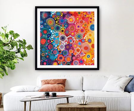 After Yayoi Kusama II framed print with layered rainbow dot circles
