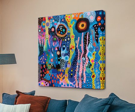 After Yayoi Kusama III canvas print with cobalt, yellow and pink dot patterns