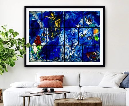Marc Chagall America Windows stained-glass artwork as a framed print in cobalt blue with red and green detail