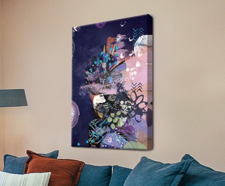 Dirty Harry by Karin Roberts, a black cockatoo canvas in navy, purple, pink and teal