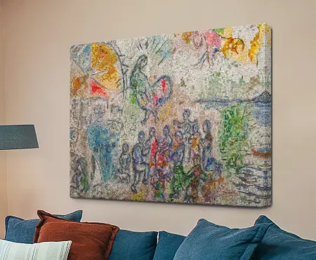 Four Seasons mosaic by Marc Chagall as a canvas print with speckled tesserae, a rooster and glowing sun