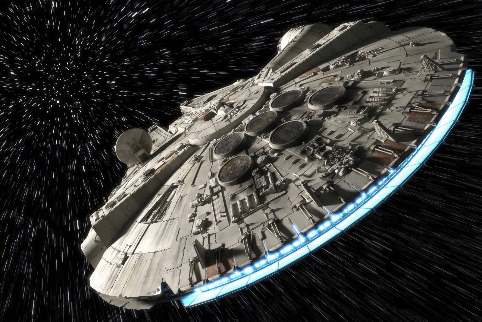 Millennium Falcon artwork banking through a hyperspace star field