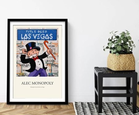 Alec Monopoly Cane Up Pose Las Vegas framed print of the tuxedoed Mr Monopoly with cane