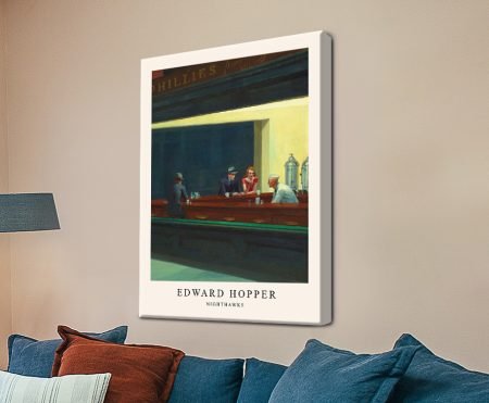 Edward Hopper Nighthawks late-night diner scene as a canvas print with teal exterior and yellow interior