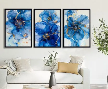 Blue Watercolour Floral Triptych on canvas, a dramatic multi-panel composition with rich detail