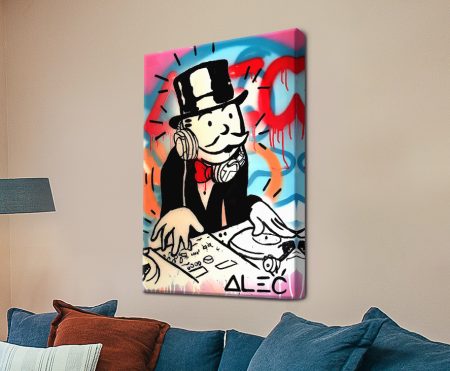 Alec Monopoly DJ canvas with the top-hatted character and graffiti spray paint