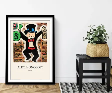 Money by Alec Monopoly, tycoon figure surrounded by dollar signs and banknotes in graffiti style