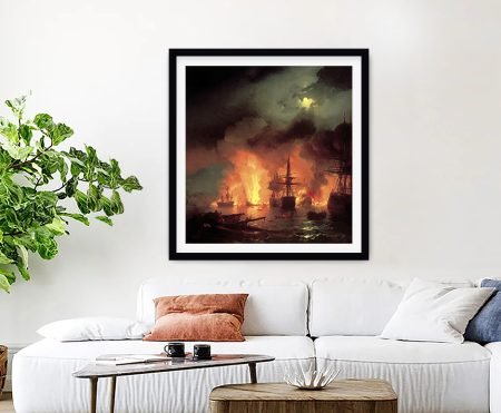 Aivazovsky's Battle of Çeşme at Night with burning ships and moonlit sea