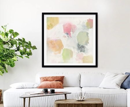 Ideas Held Aloft II by Mike Schick, a pastel abstract in pink, sage and ochre on a creamy ground, as a framed print