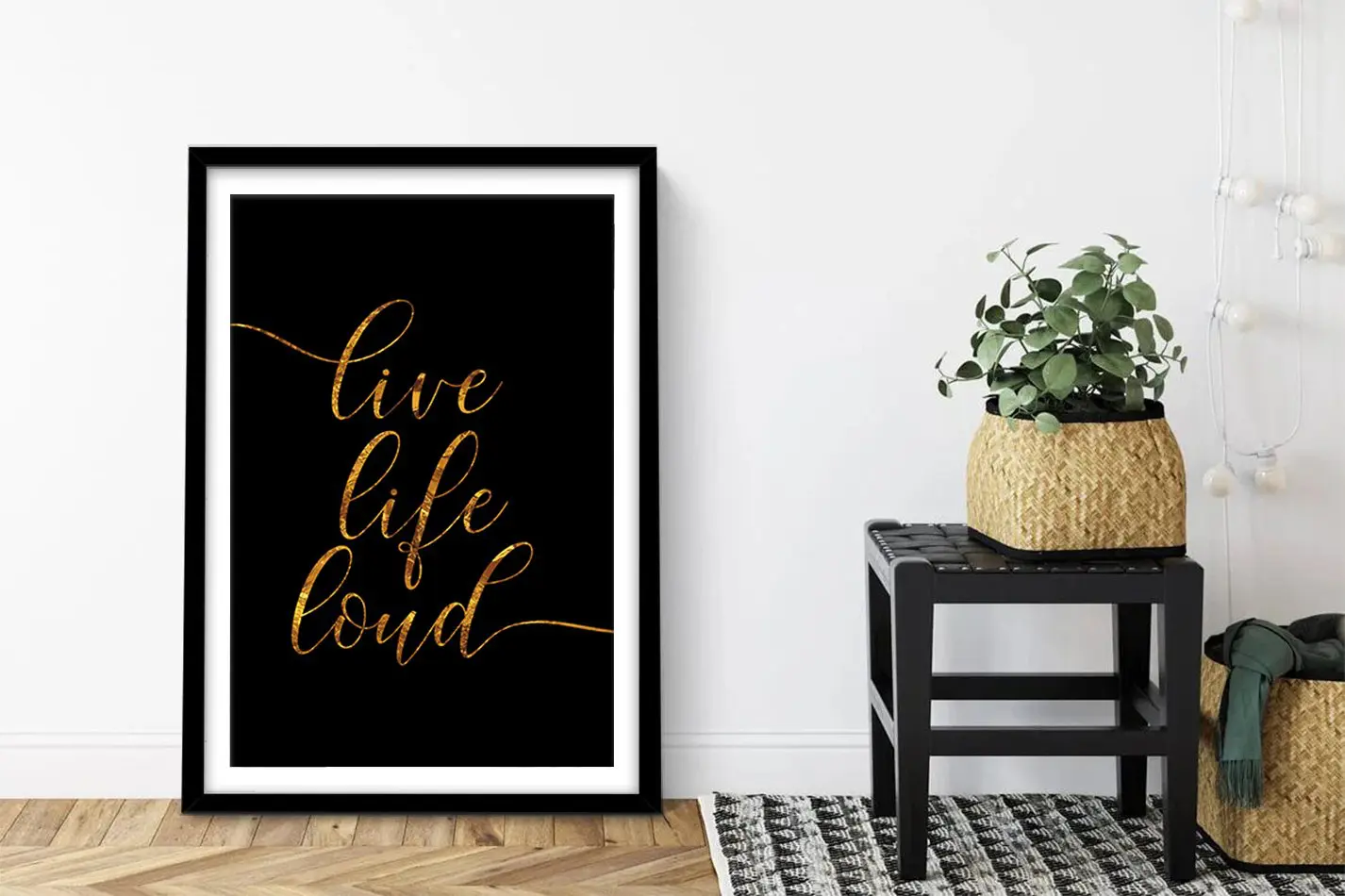 Live Life Loud black and gold typography framed print, gold script on black