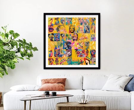 Maximalist yellow pop-art collage with flamingos, tigers and portraits, shown as a framed print