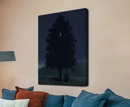 Rene Magritte Le Seize Septembre canvas print of a single tall tree with a small crescent moon above a twilight meadow, over a blue sofa
