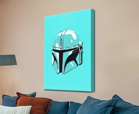 Pop-art canvas of the Mandalorian's beskar helmet in silver
