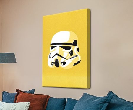 Pop-art canvas of a Stormtrooper helmet on a bright yellow background