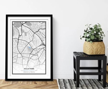 Villa Park street-map location print marking the Aston Villa football ground in Birmingham, as a framed print