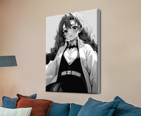 Monochrome canvas portrait of the anime character Mitsuri Kanroji in black and white ink