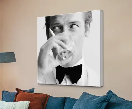 Stylised canvas portrait of English actor Roger Moore in a classic, debonair pose