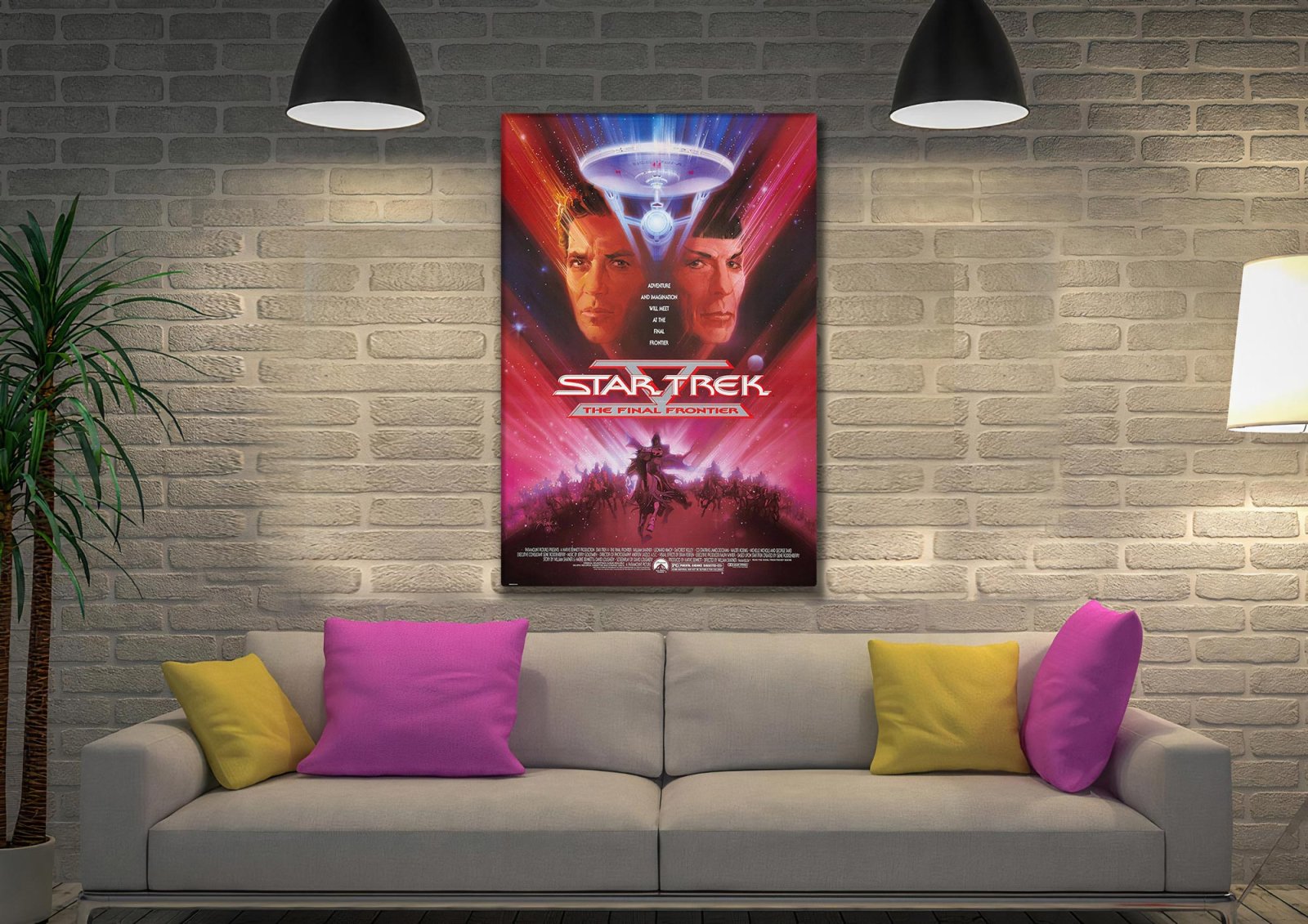 Star Trek V Final Frontier blockbuster wall art on canvas above a grey sofa with magenta and yellow cushions