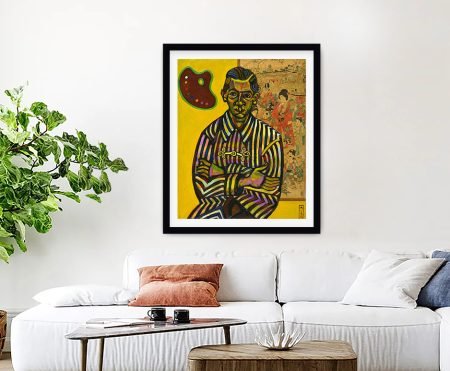 Framed print of Miro's Portrait of Enric Cristofol Ricart, the seated young painter in a striped robe holding a palette beside a Japanese woodblock