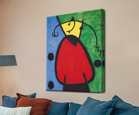 Canvas print of Joan Miro's Birth of Day, vibrant red, yellow, blue and green shapes outlined in black on a dark ground