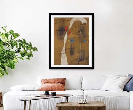 Framed print of Joan Miro's Painting-Poem with handwritten French script and abstract red and blue motifs on warm ochre