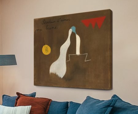 Joan Miro Painting Poem modern art print canvas above a blue sofa with rust cushions
