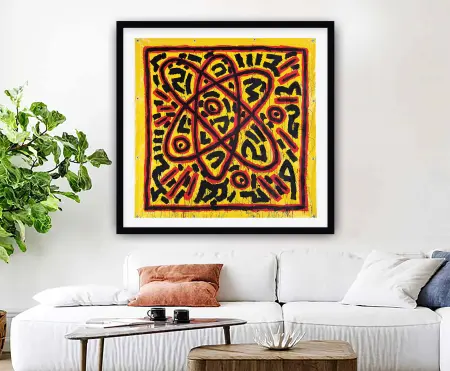 Keith Haring Atom with bold black outlines and energetic figures in vivid primary colours, framed print