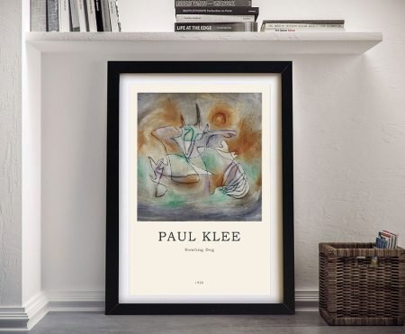 Paul Klee Howling Dog framed contemporary art print, swirling ochre, sage and lavender brushwork with a warm sun