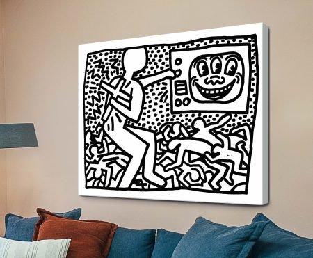 Monochrome Keith Haring artwork with energetic outlined figures and a grinning television-headed character