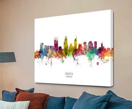 Perth Australia colour splash skyline canvas print in warm vibrant watercolour tones