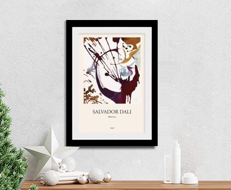 Framed print of Salvador Dali's Biblia Sacra with burgundy and ochre ink splashes on cream