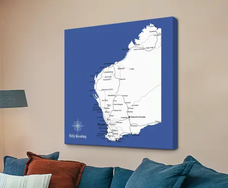 Blue and white push-pin map of Western Australia on stretched canvas