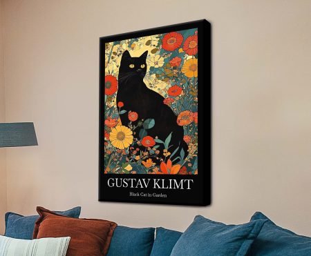 Gustav Klimt Black Cat in Garden canvas print with a black cat among red poppies, yellow daisies and teal foliage