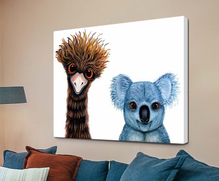 Linda Callaghan's Aussie Mates, an emu and a koala illustrated together in warm copper, rust and soft grey tones