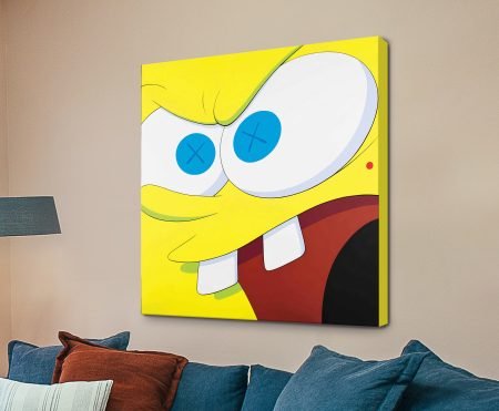 KAWS Fury square canvas print, a close-up yellow cartoon face with blue X eyes and buck teeth in bright pop-art colour