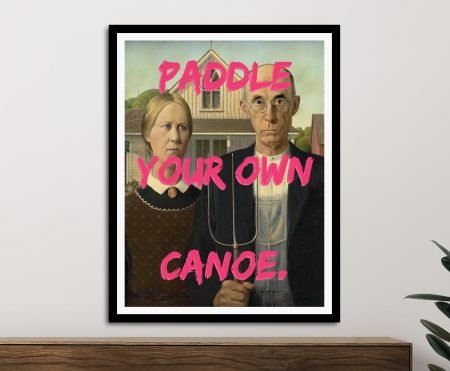 Grant Wood American Gothic farmer and woman graffiti quote edition in a black frame, office wall art