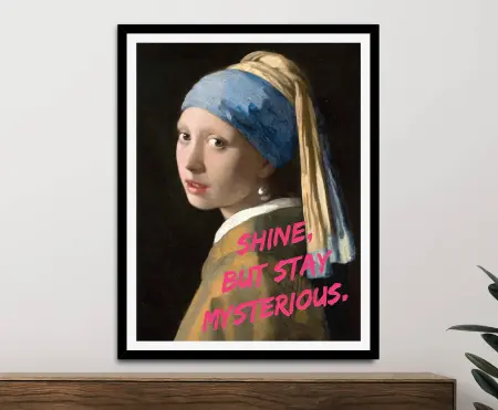 Girl with a Pearl Earring graffiti quote edition in a slim black frame, Vermeer portrait office wall art