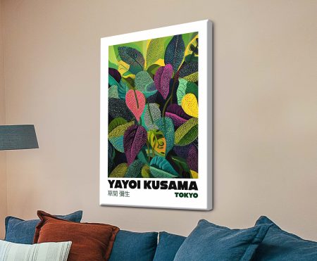 Yayoi Kusama botanical exhibition poster on canvas with dotted tropical leaves in pink, green, yellow and teal