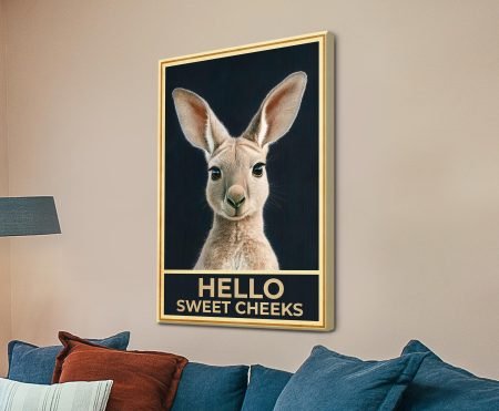 Hello Sweet Cheeks kangaroo animal art print canvas in a navy and rust lounge
