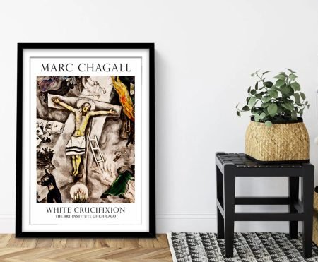 Chagall White Crucifixion framed modern art print in styled entryway